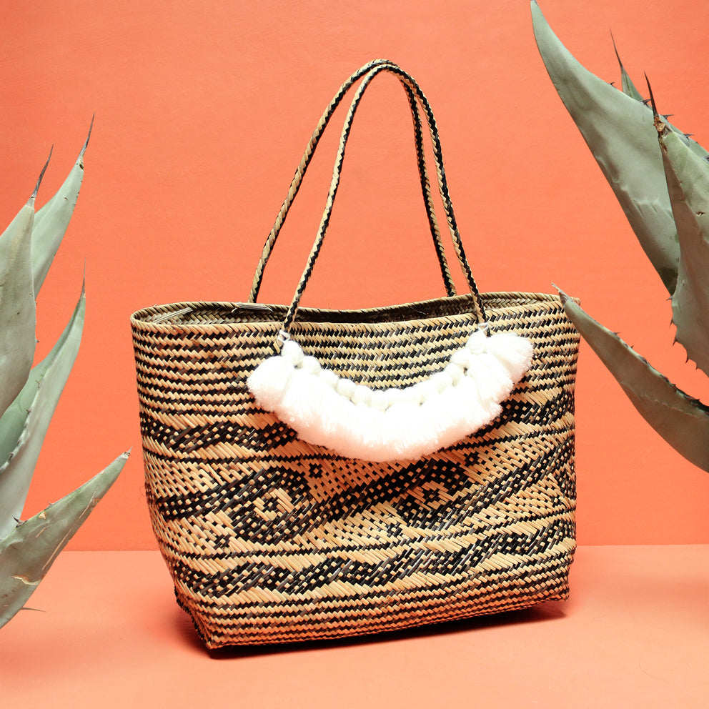 Straw Tote Bag - Hand Bag with White Roman Tassels