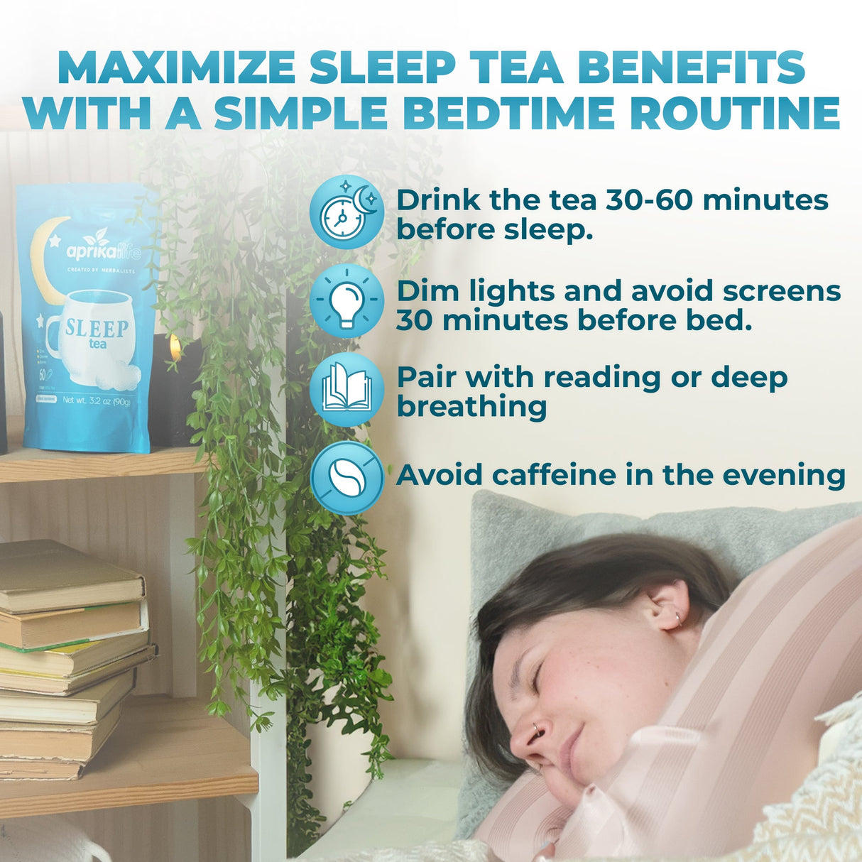 Sleep tea packaging with a person sleeping and bedtime routine tips on a blue background