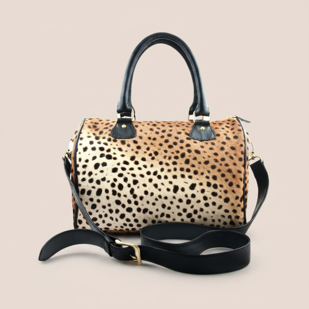 Leopard Print Leather Barrel Bag | Ethically Sourced Hides - Sumiye Co