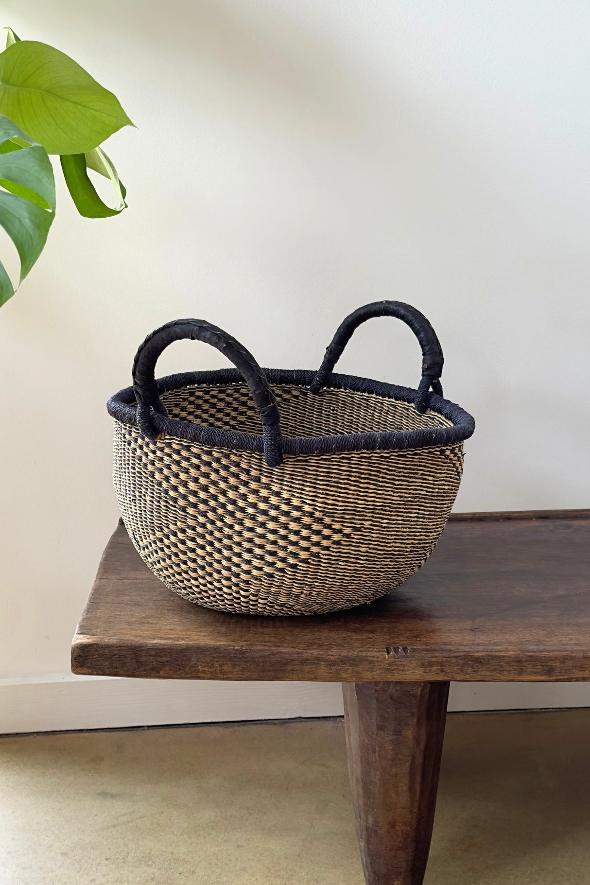 Handwoven Natural & Black Checkerboard Bolga Basket - Large Round