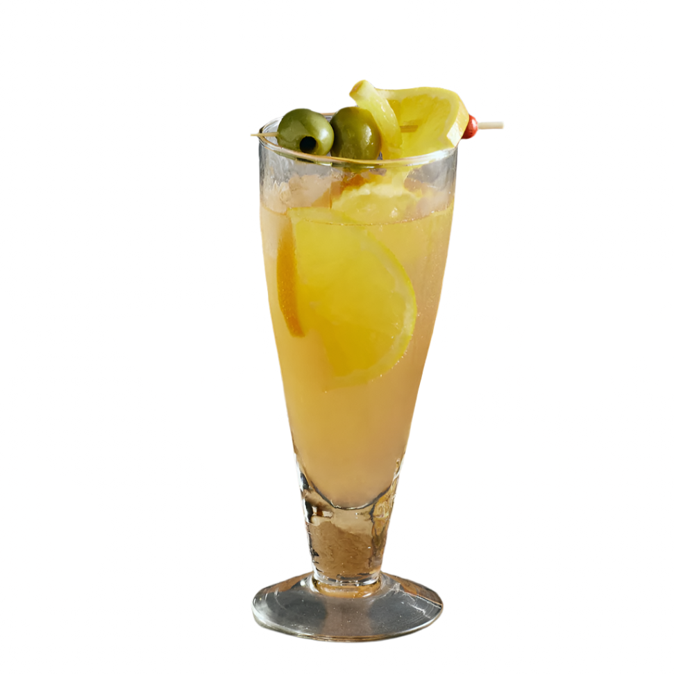Cocktail with lemon peel and olives in a tall glass on a white background