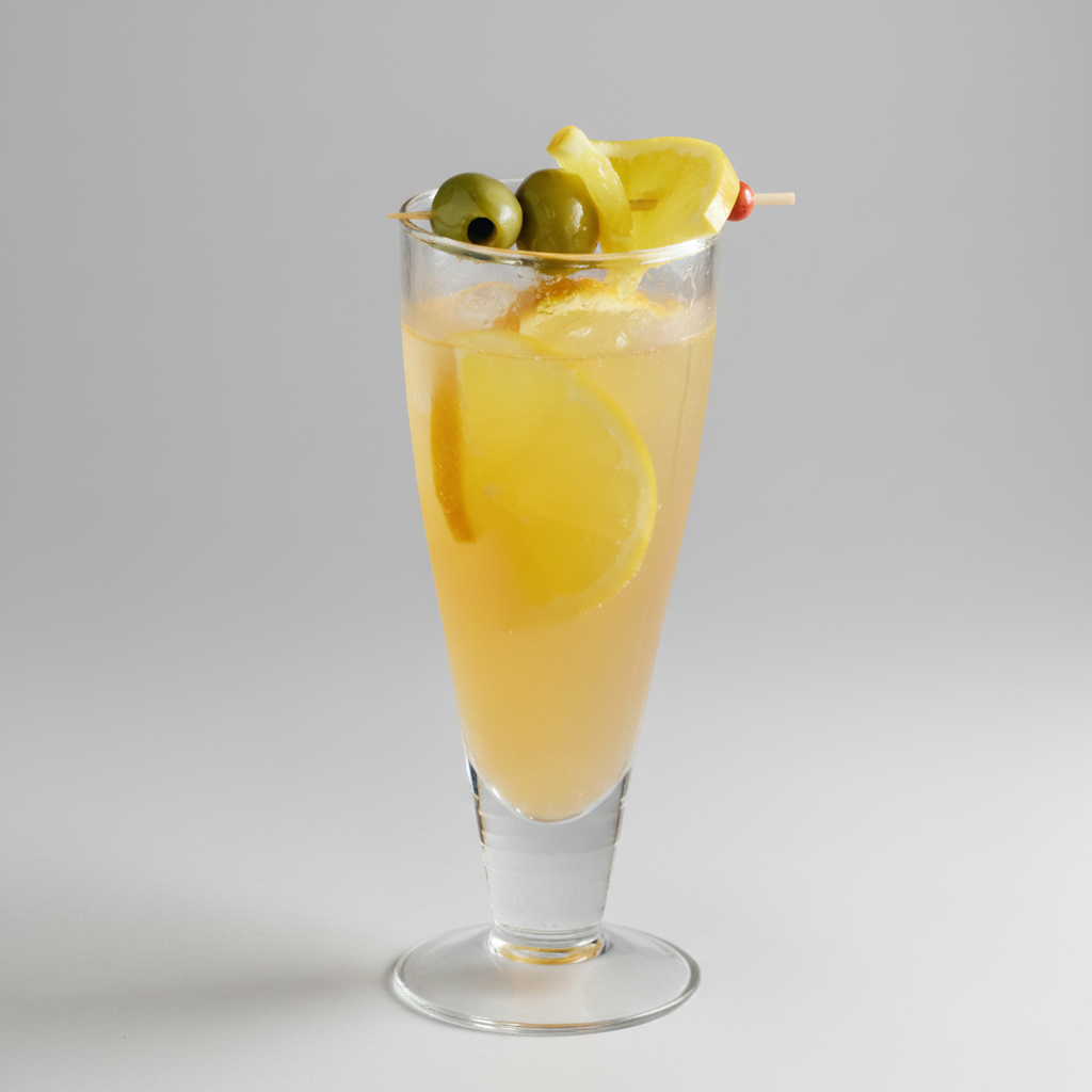 Cocktail with lemon peel and olives in a tall glass on a white background