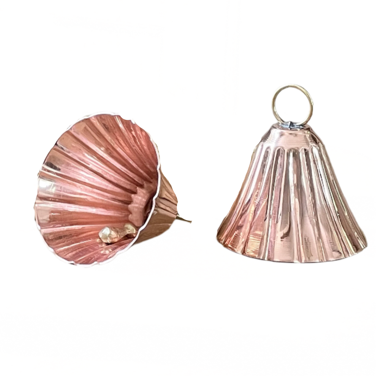Rose gold shell-shaped earrings on a white background