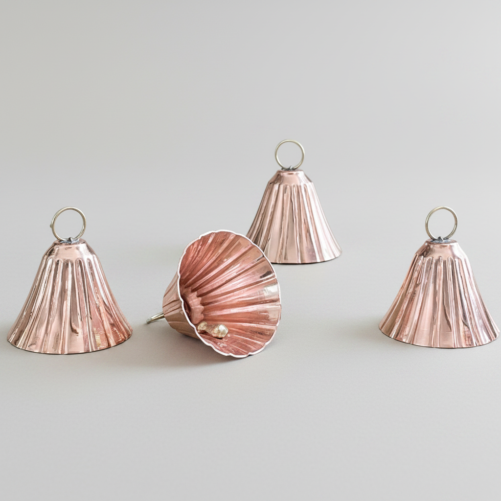 Set of rose gold shell-shaped ornaments with a decorative box on a white background