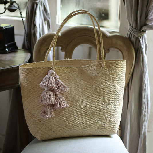 Straw Tote Bag - with Pale Blush Tassels
