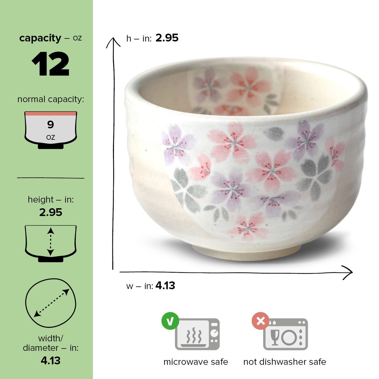 The Kohiki Pink Sakura Ceramic Matcha Bowl from the handcrafted Japanese set features pink floral designs, holds 12 oz, is microwave safe but not for dishwasher use.
