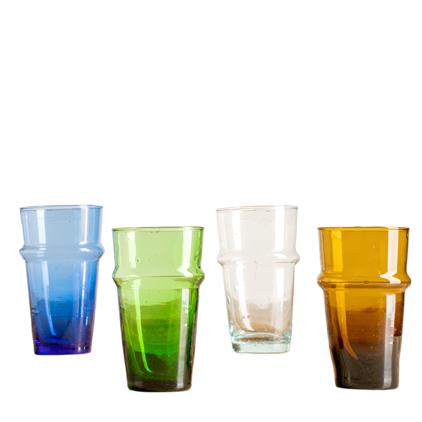 Four colorful glass tumblers on a white background