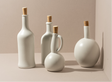 Set of white ceramic bottles with cork stoppers on a beige background