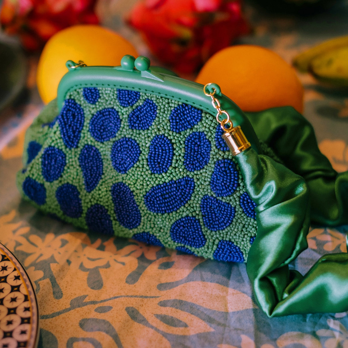 Hand-beaded Clutch Bag In Lush Green & Blue - Sumiye Co