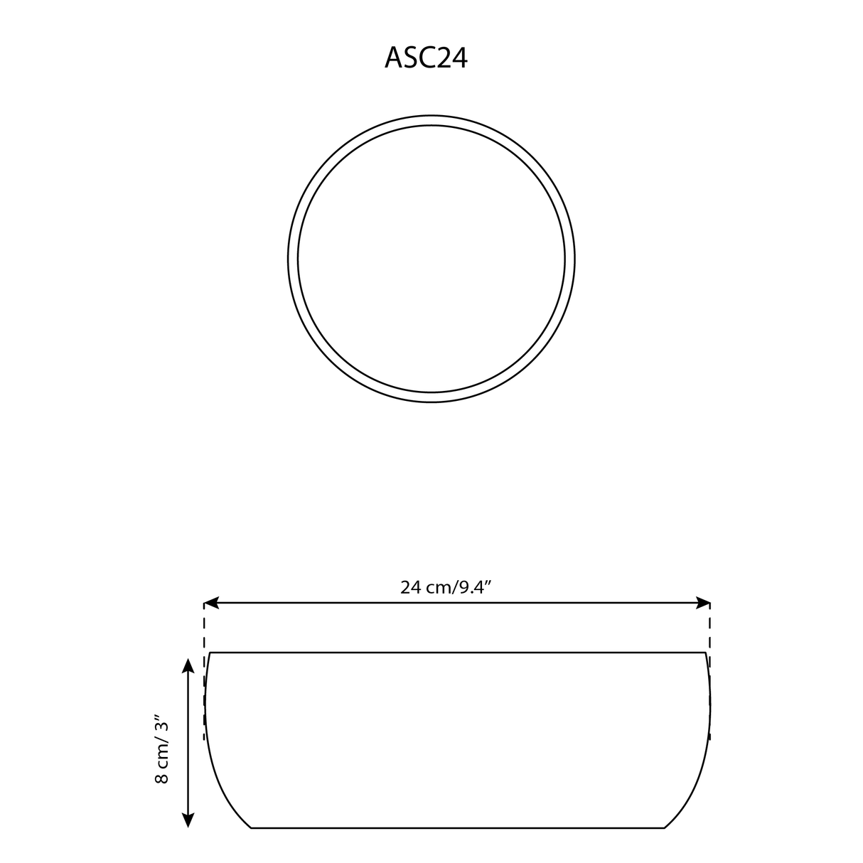 Technical drawing of a circular bowl with dimensions labeled