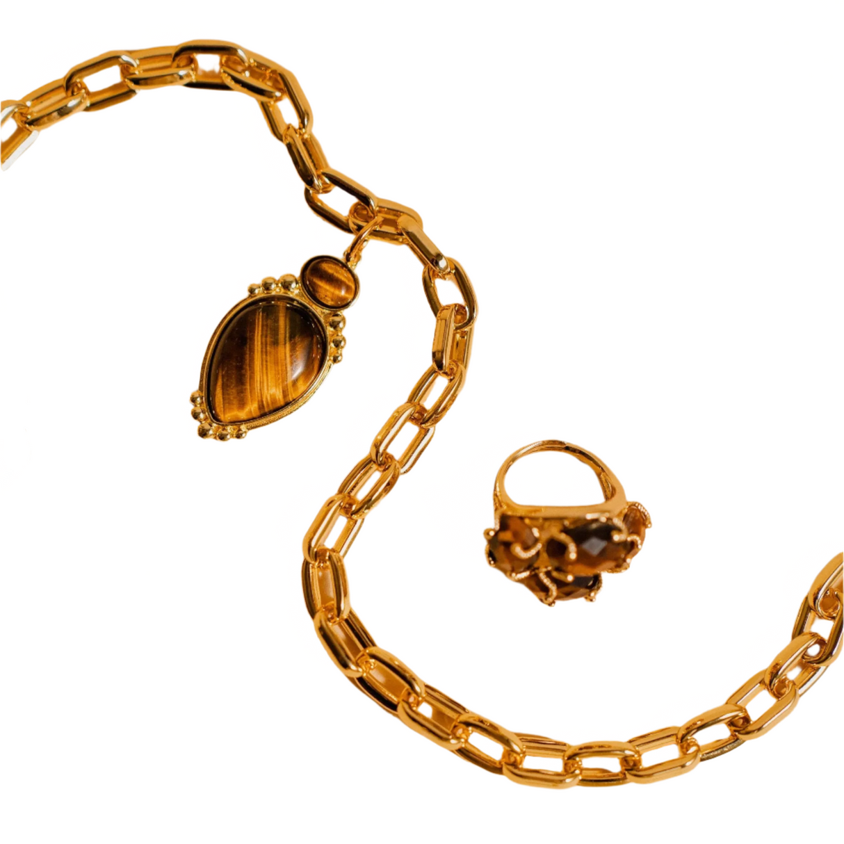 Gold chain necklace with Amethyst stone on a white background