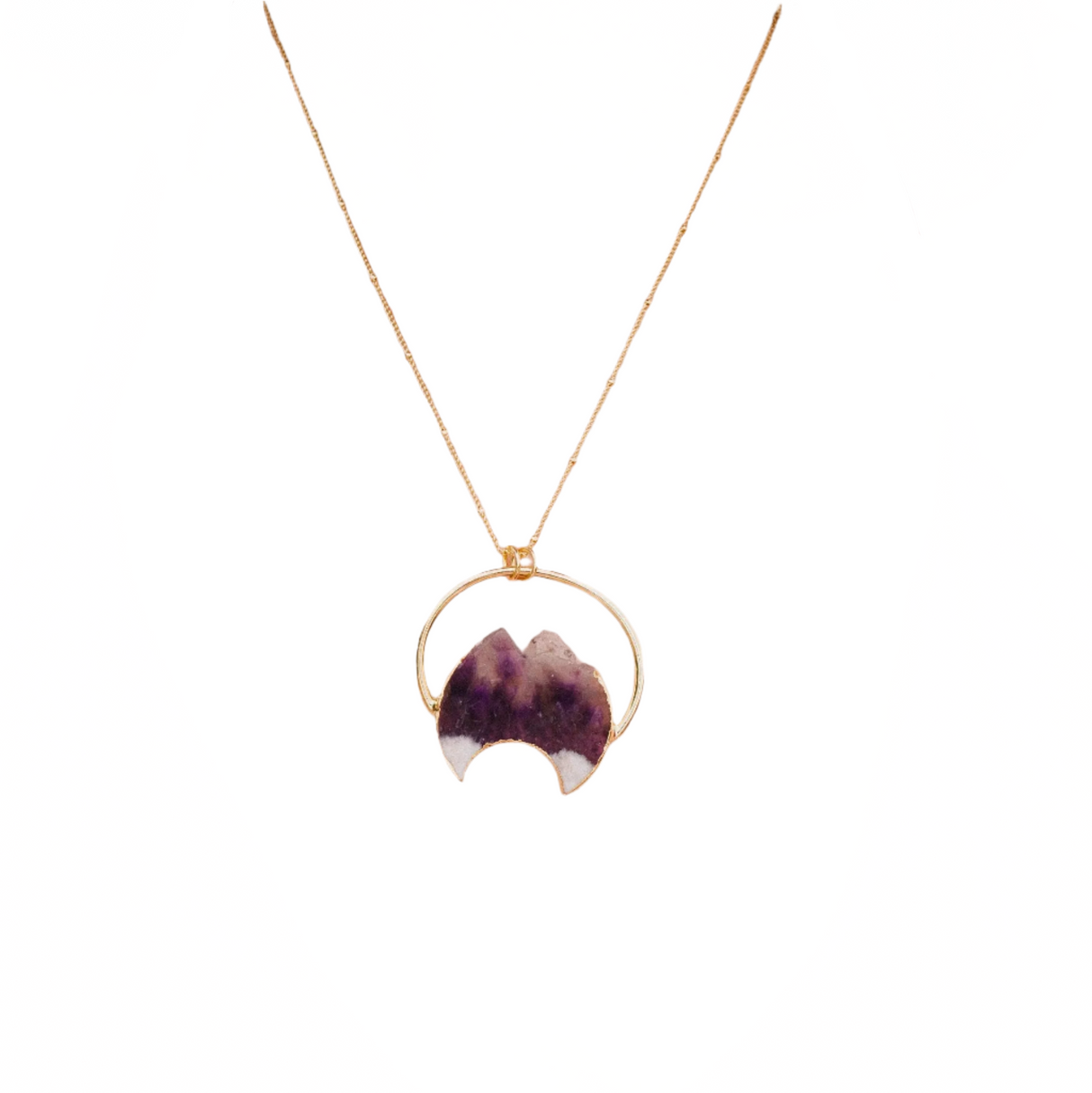 Necklace with an Amethyst stone pendant on a white background