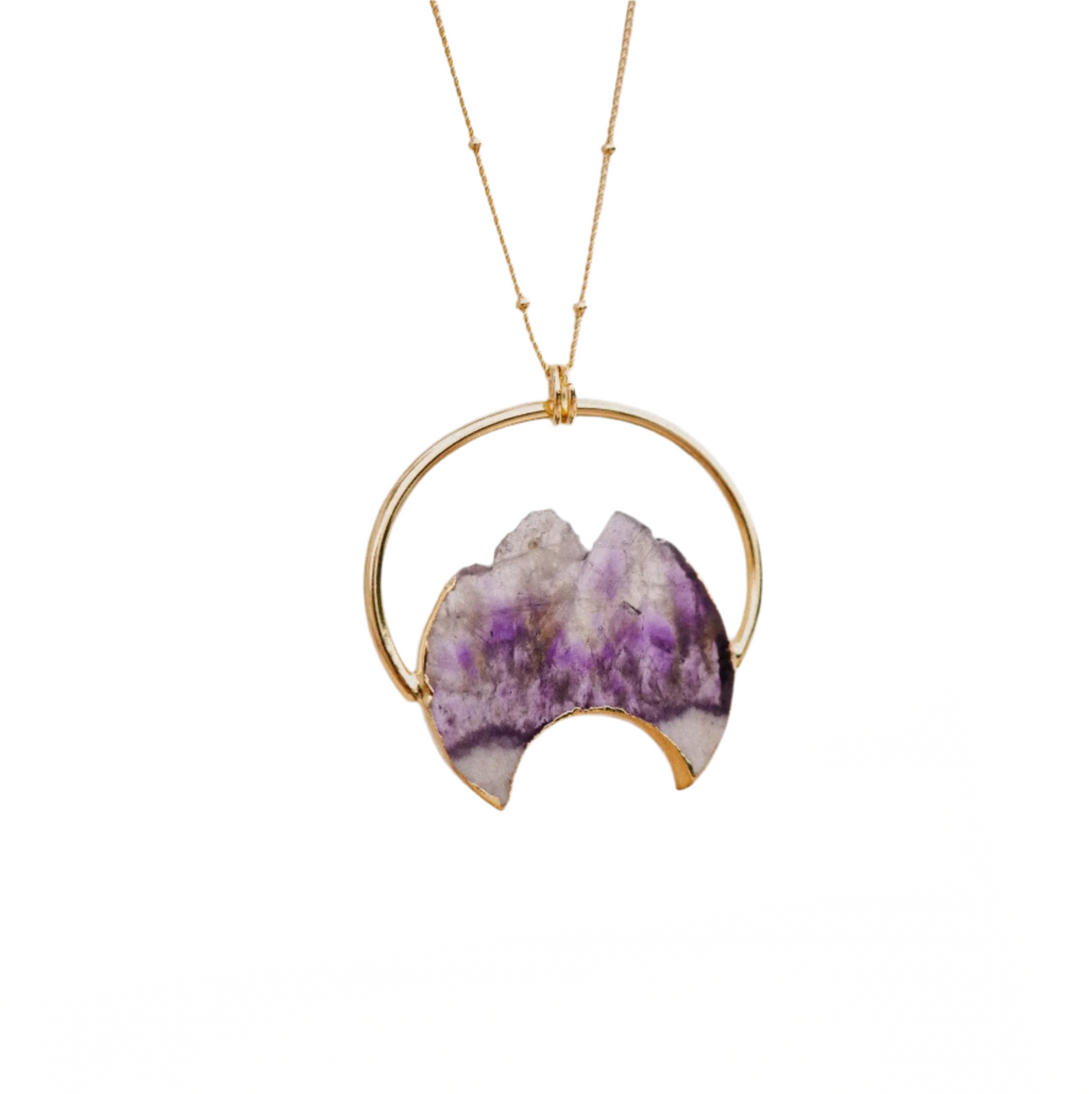 Necklace with a gold ring pendant featuring an Amethyst on a white background