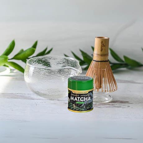 Textured Spouted Glass Matcha Bowl Pattern 1, Bamboo Matcha Whisk, Whisk Holder and Organic Japanese Matcha Set by Aprika Life - Sumiye Co