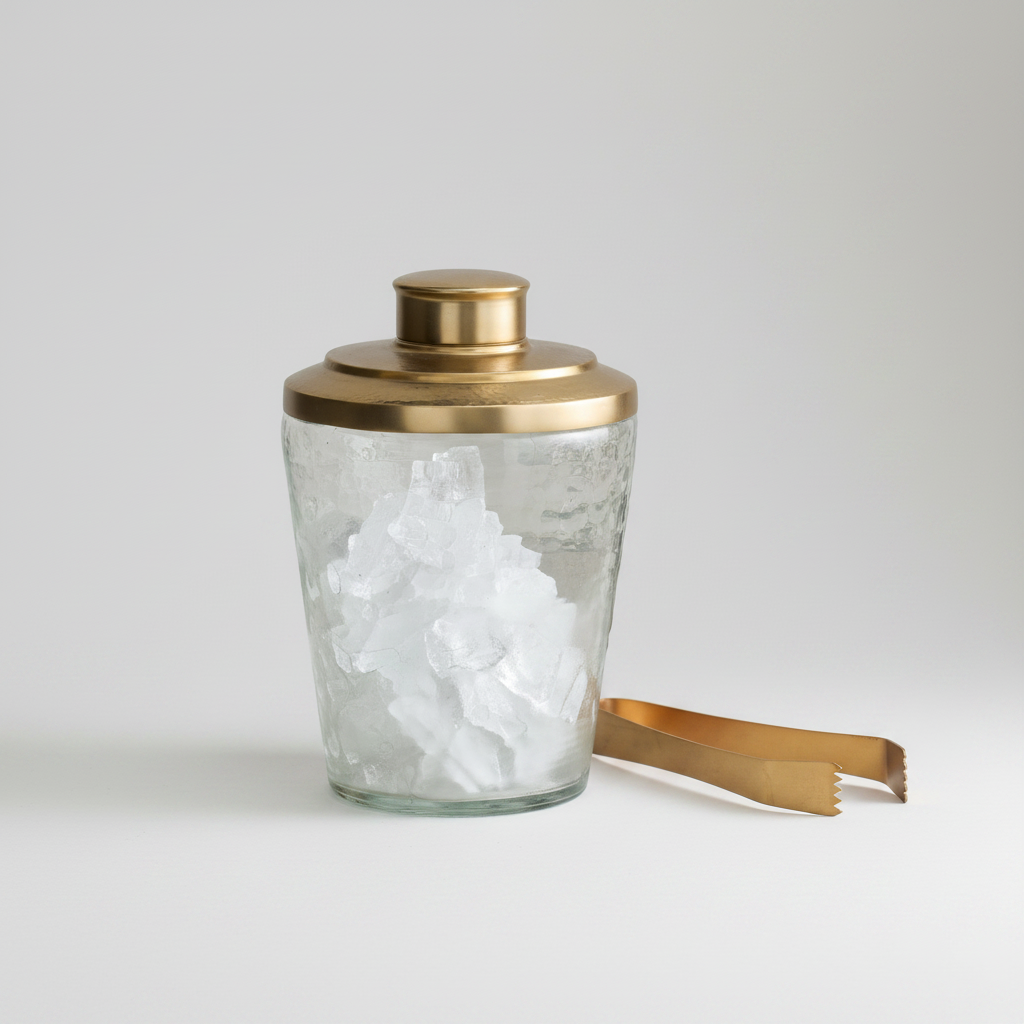Glass cocktail shaker with gold lid and ice, surrounded by bar tools on a white background