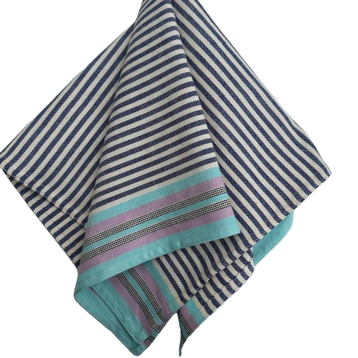 Striped cloth napkin with blue, white, and teal pattern on a white background