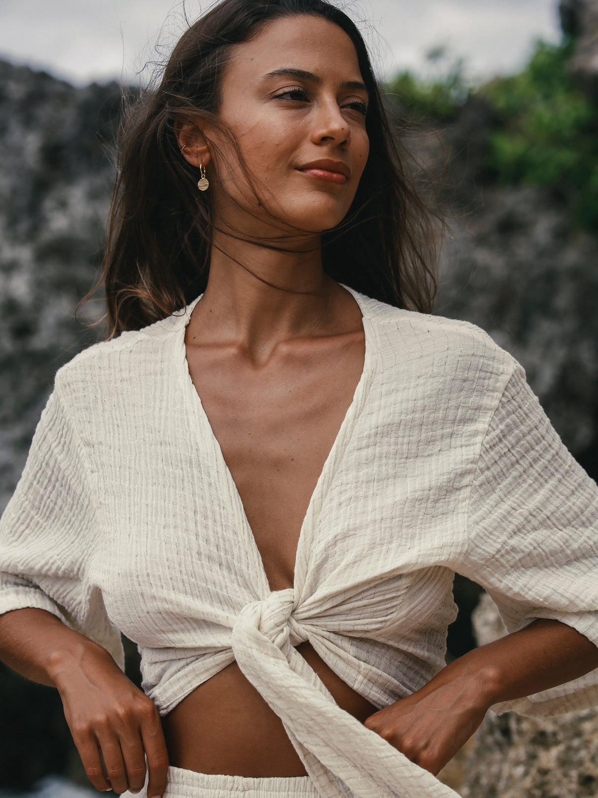 Bali Wrap Top - Natural With Gold Stripes - Sumiye Co
