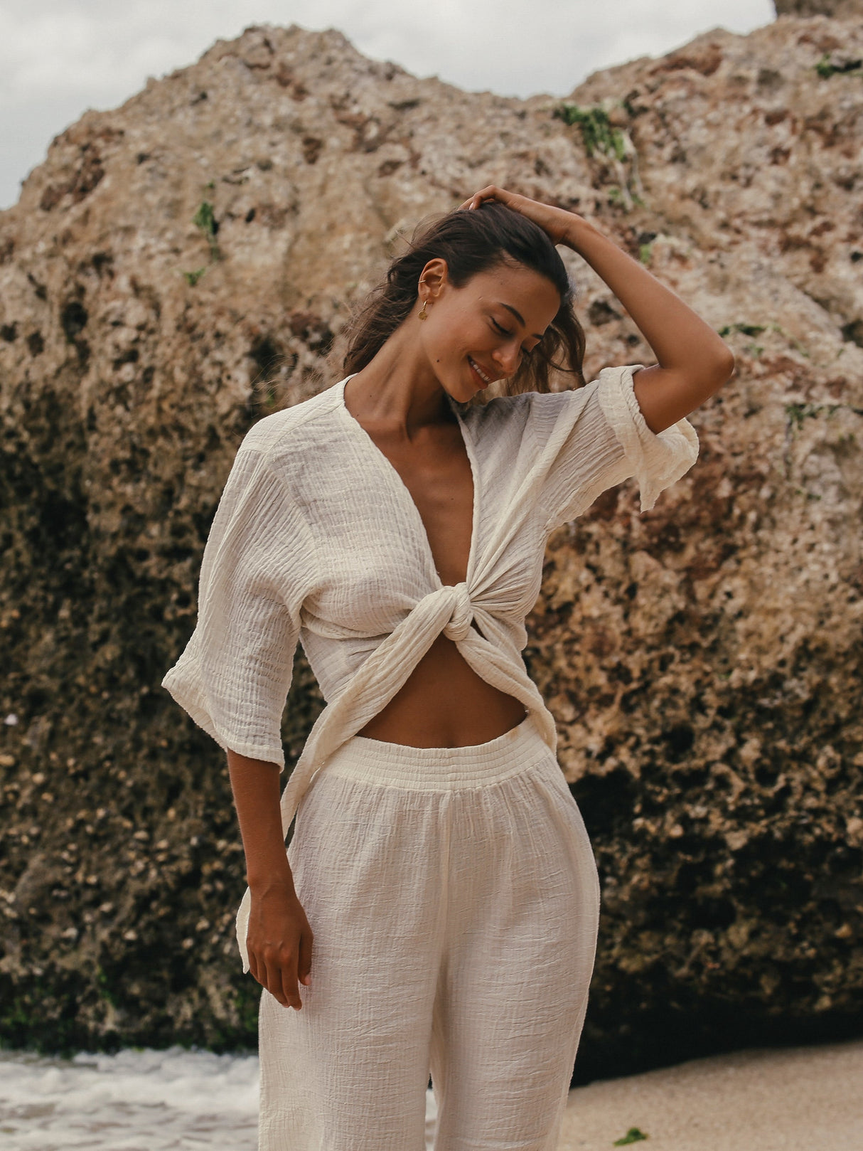 Bali Wrap Top - Natural With Gold Stripes - Sumiye Co