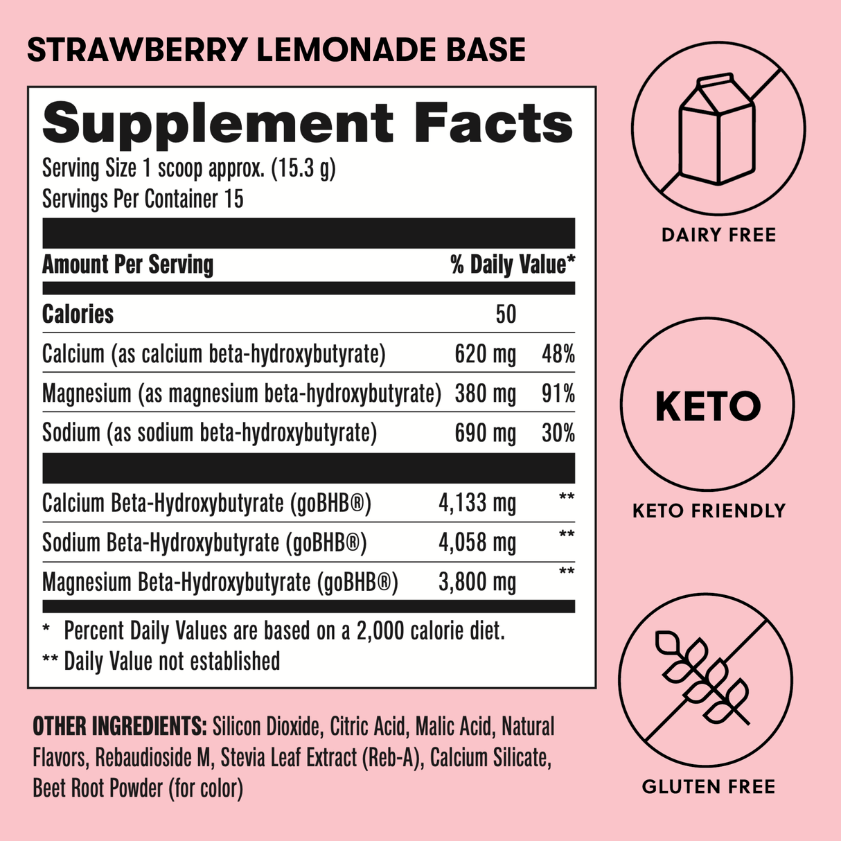 Supplement facts label for strawberry lemonade base on a pink background with icons indicating dairy-free, keto-friendly, and gluten-free.