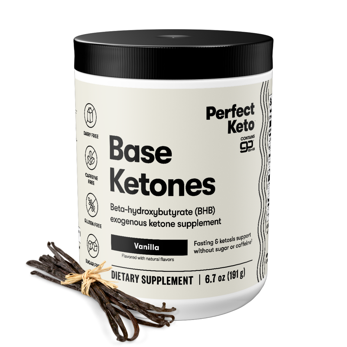 Container of Perfect Keto Base Ketones with vanilla beans on a white background