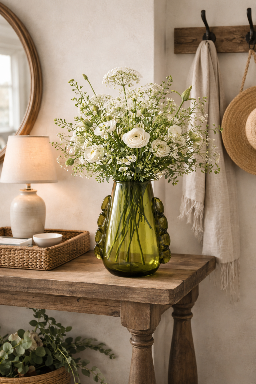 Green vase with flowers on a wooden table against a wall with a lamp, basket, and hat.