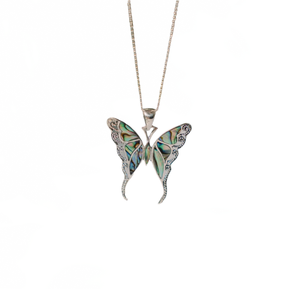 Butterfly-shaped pendant on a chain against a white background