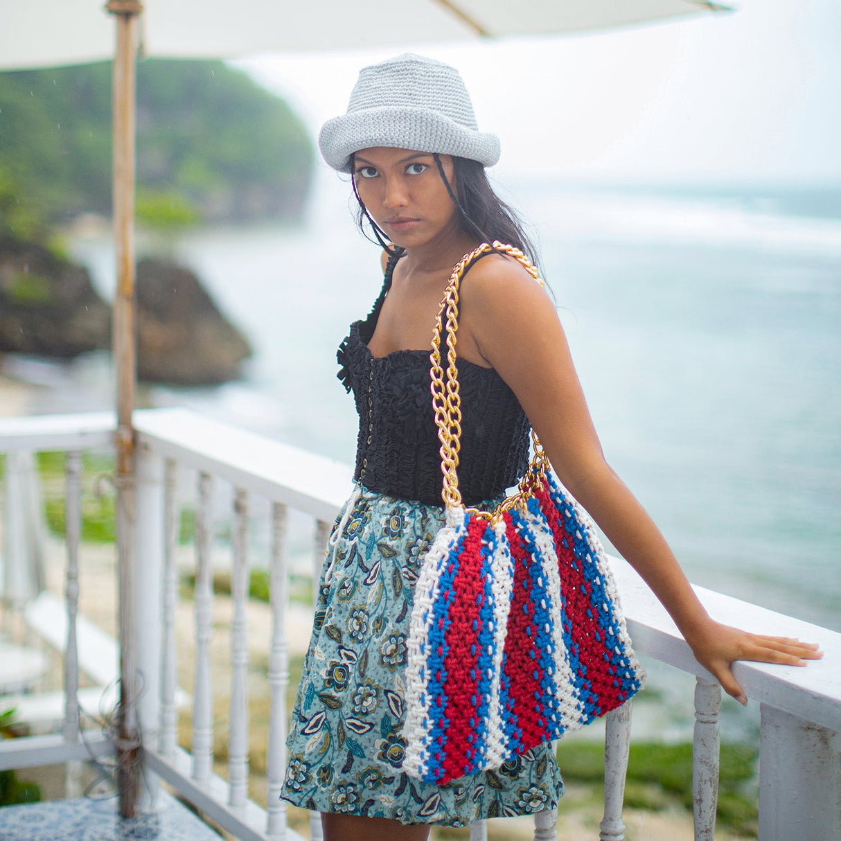 COLETTE Macrame Beach Bag In Red, White & Blue - Sumiye Co