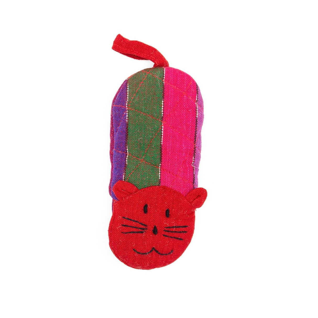 Colorful cat-shaped fabric toy on a white background