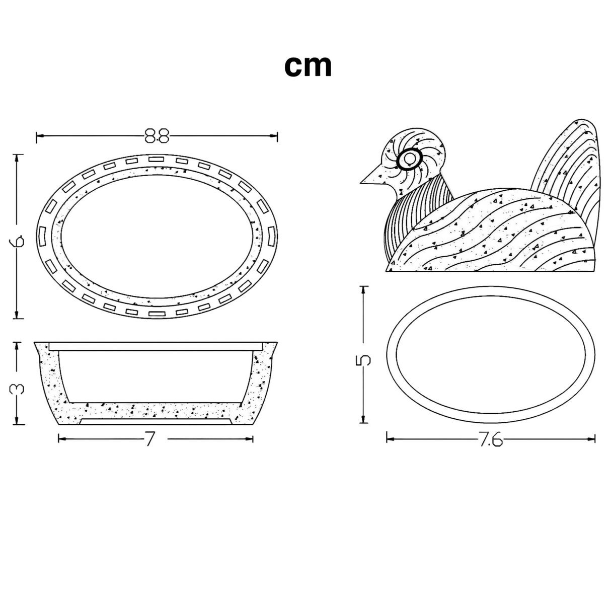 Technical drawing with dimensions of a decorative item and a bird-like figure.