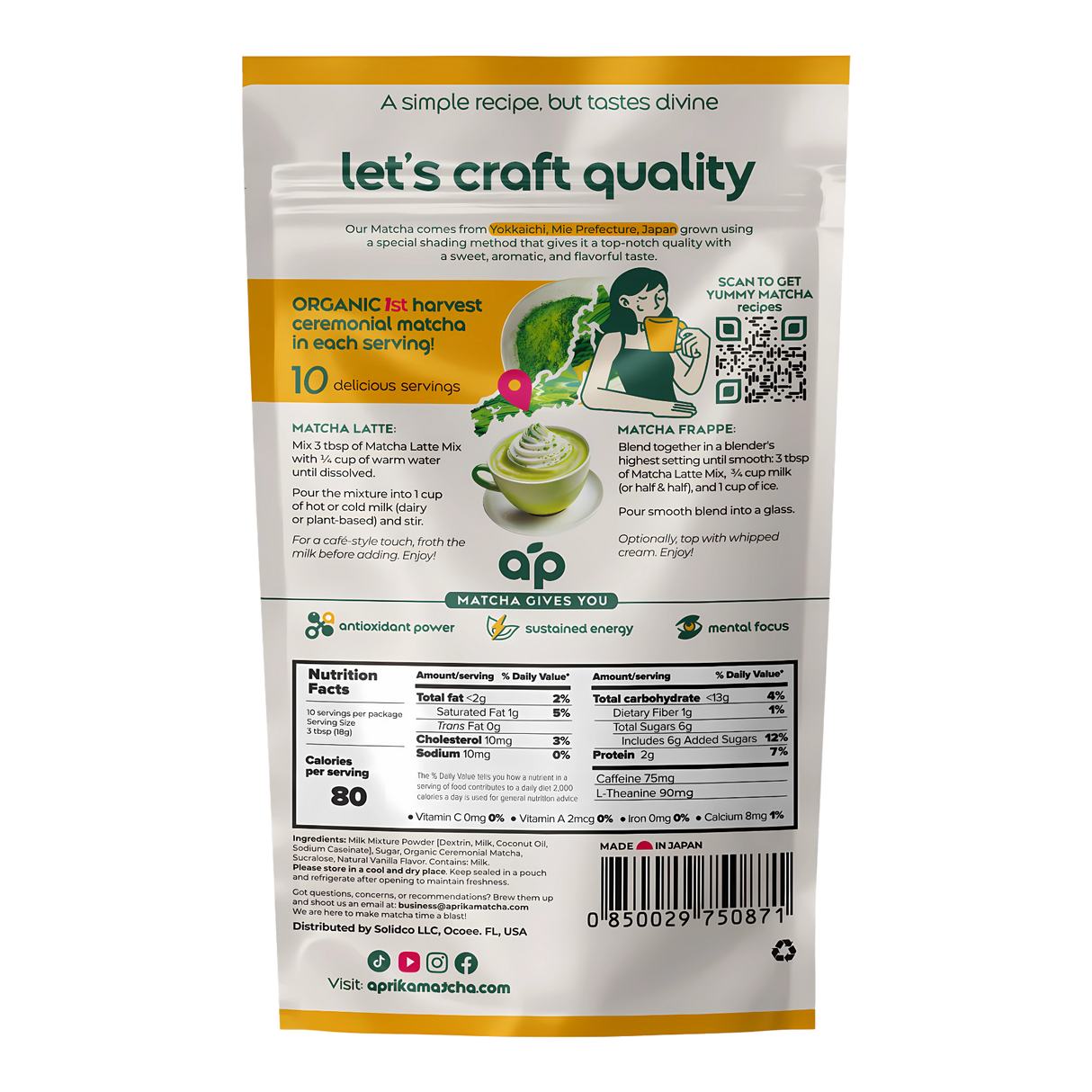 Back of a Ceremonial Grade Matcha Latte Powder Mix with Natural Vanilla Flavor package showing product info, nutrition facts, ceremonial-grade matcha details, and simple preparation steps.