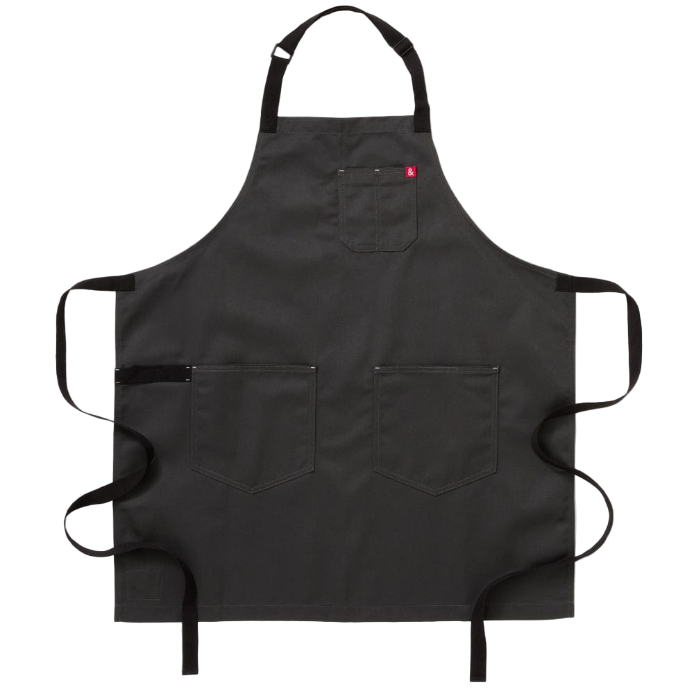 Black apron with multiple pockets on a white background