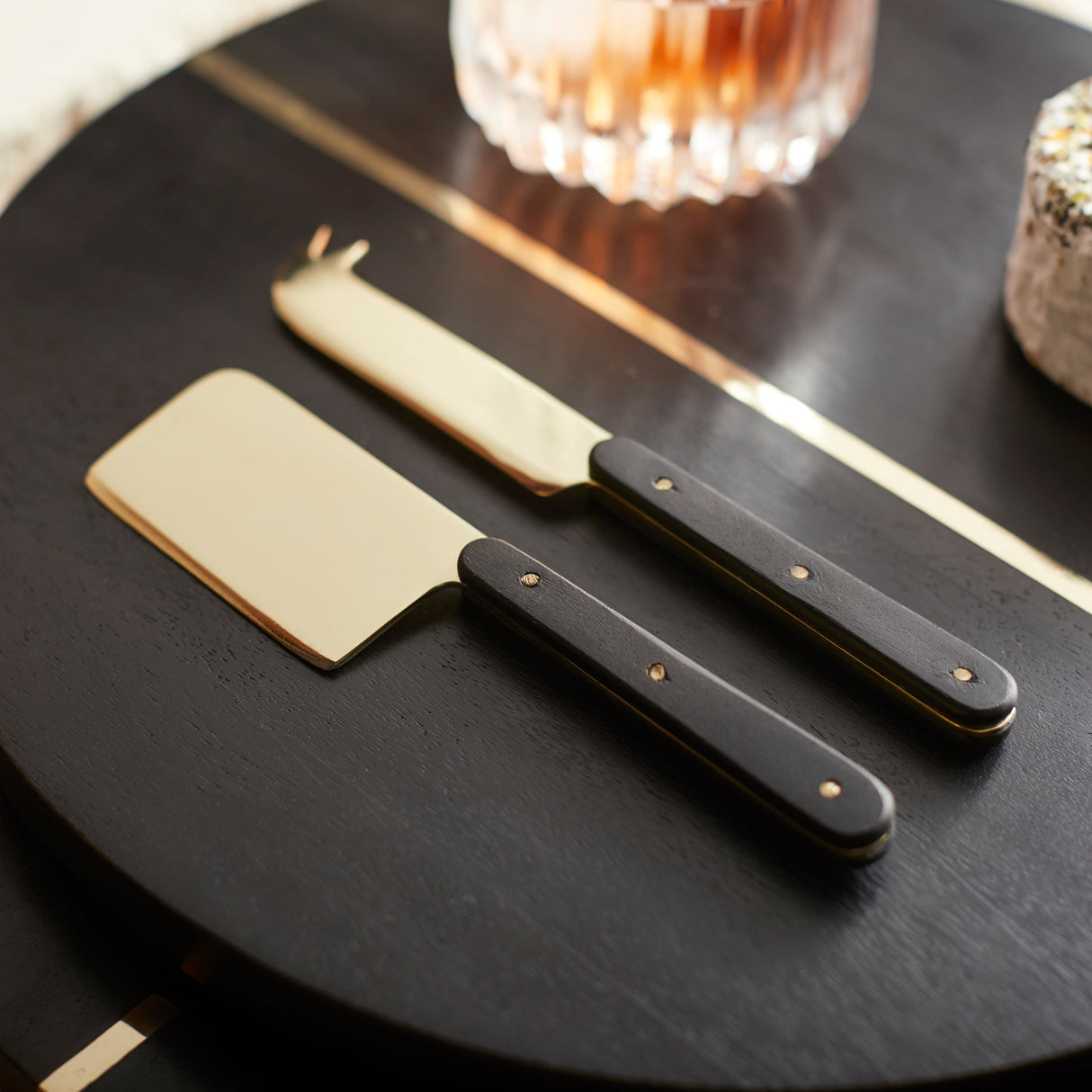 Mango Wood & Brass Cheese Tools Set of 2 - Sumiye Co
