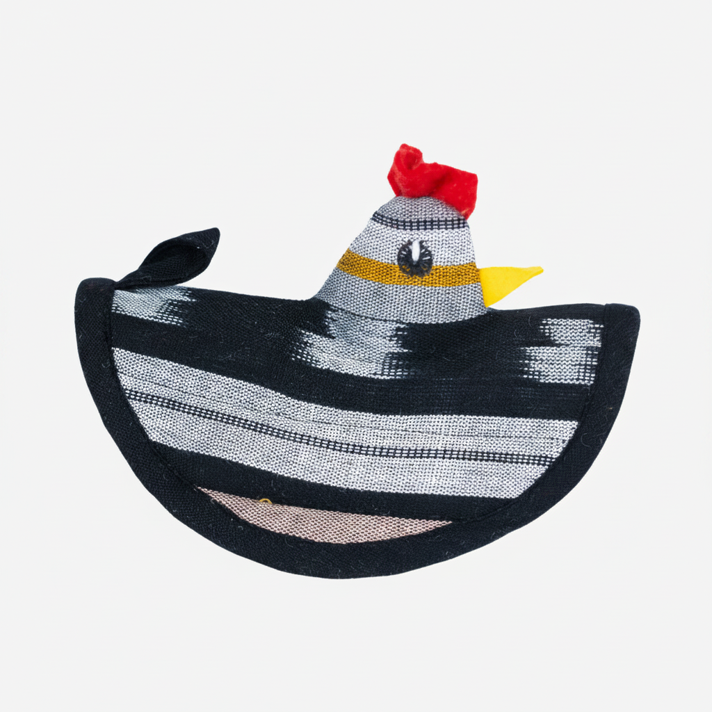 Knitted toy resembling a chicken with a black and white striped body on a white background