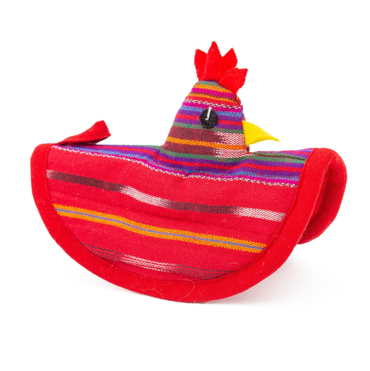 Colorful rooster-shaped pouch with a red base on a white background