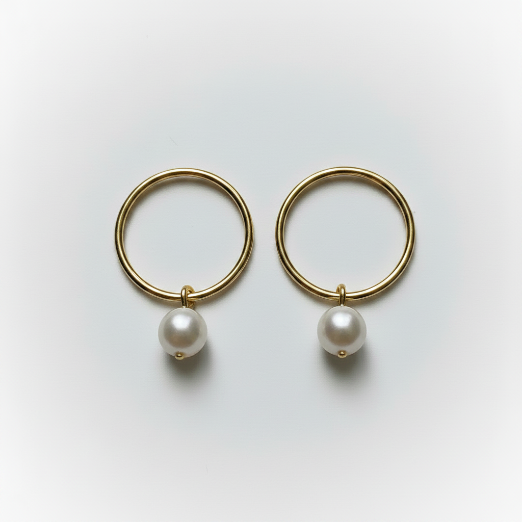 Gold hoop earrings with pearls on a light gray background