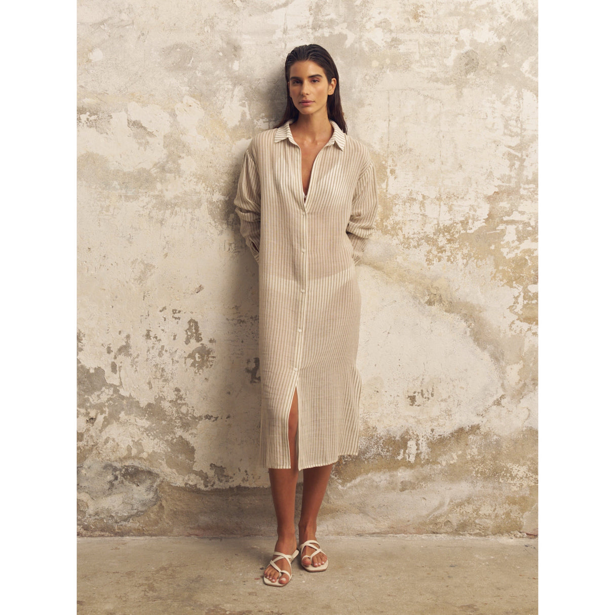 Voyage Shirt Dress - Khaki Green Stripes - Sumiye Co