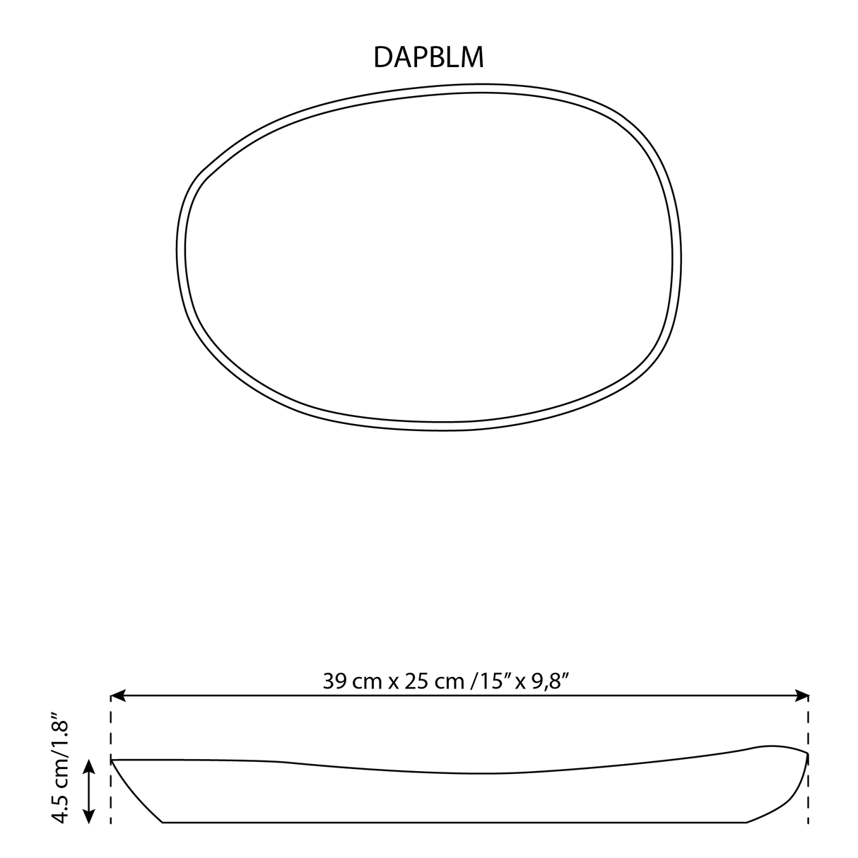 Measurement chart for a oval-shaped product with dimensions labeled.