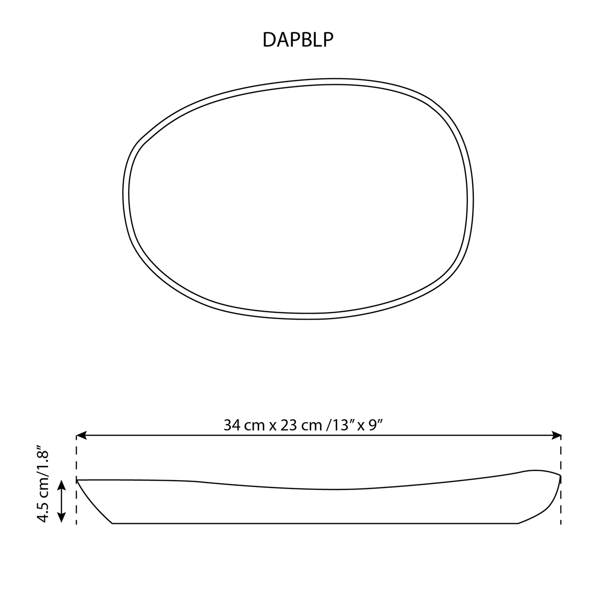 Diagram of a oval-shaped platter with dimensions labeled