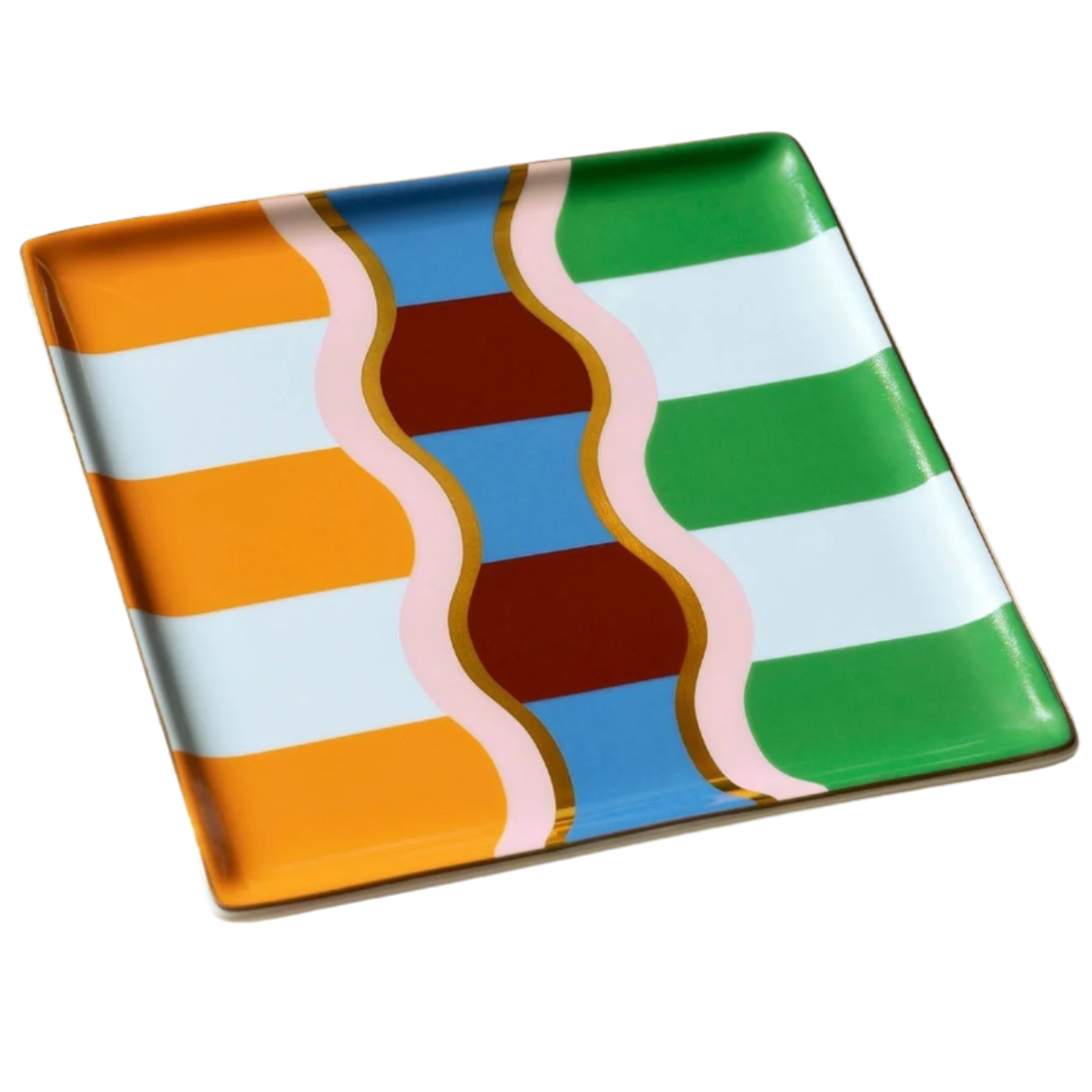 Colorful square plate with wavy patterns on a white background