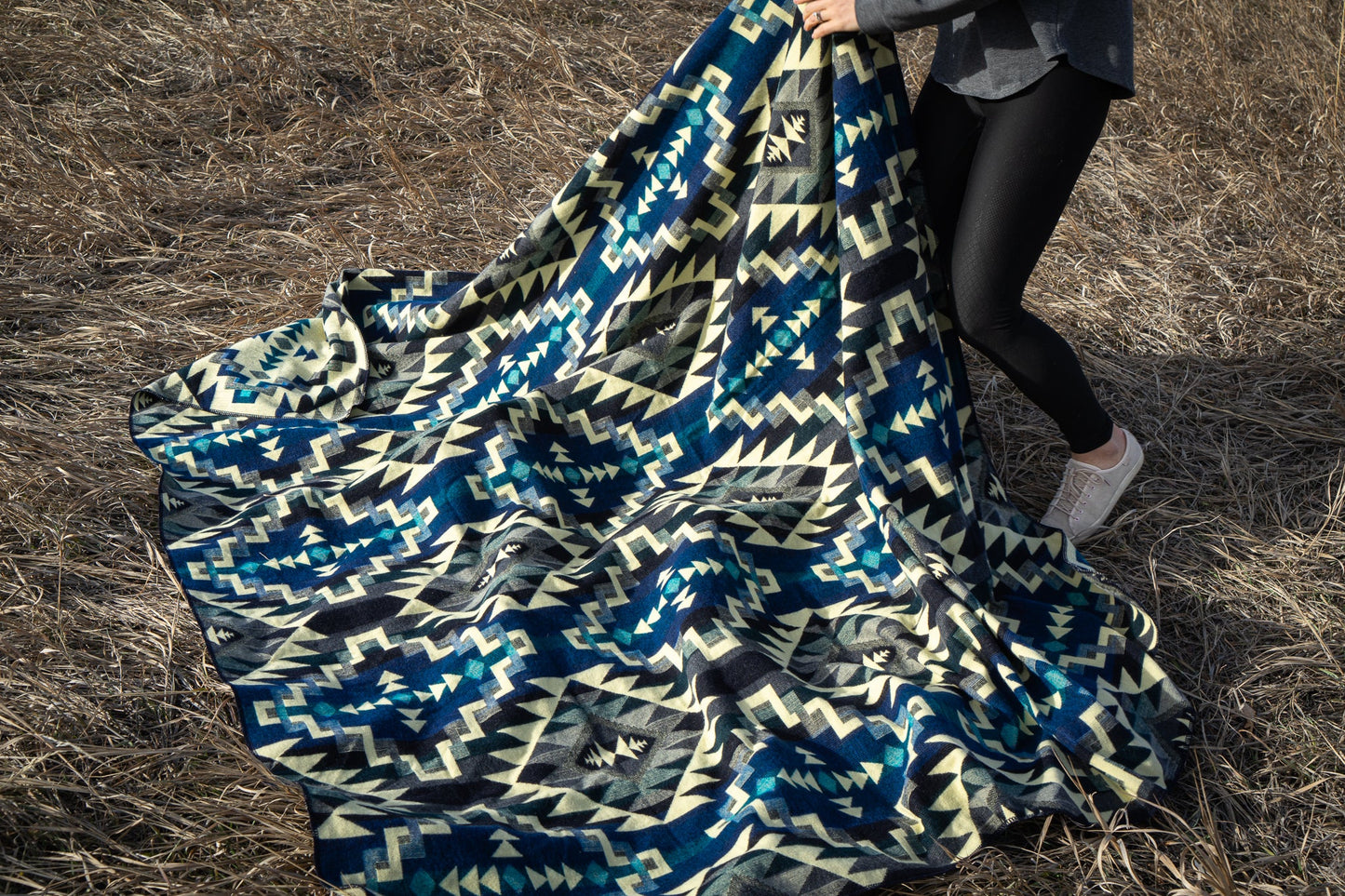 Alpaca Wool Reversible Blanket - Blue Chakana 90" x 78”