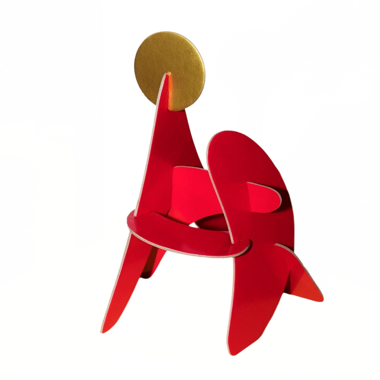 Red abstract sculpture with a gold circular element on a white background