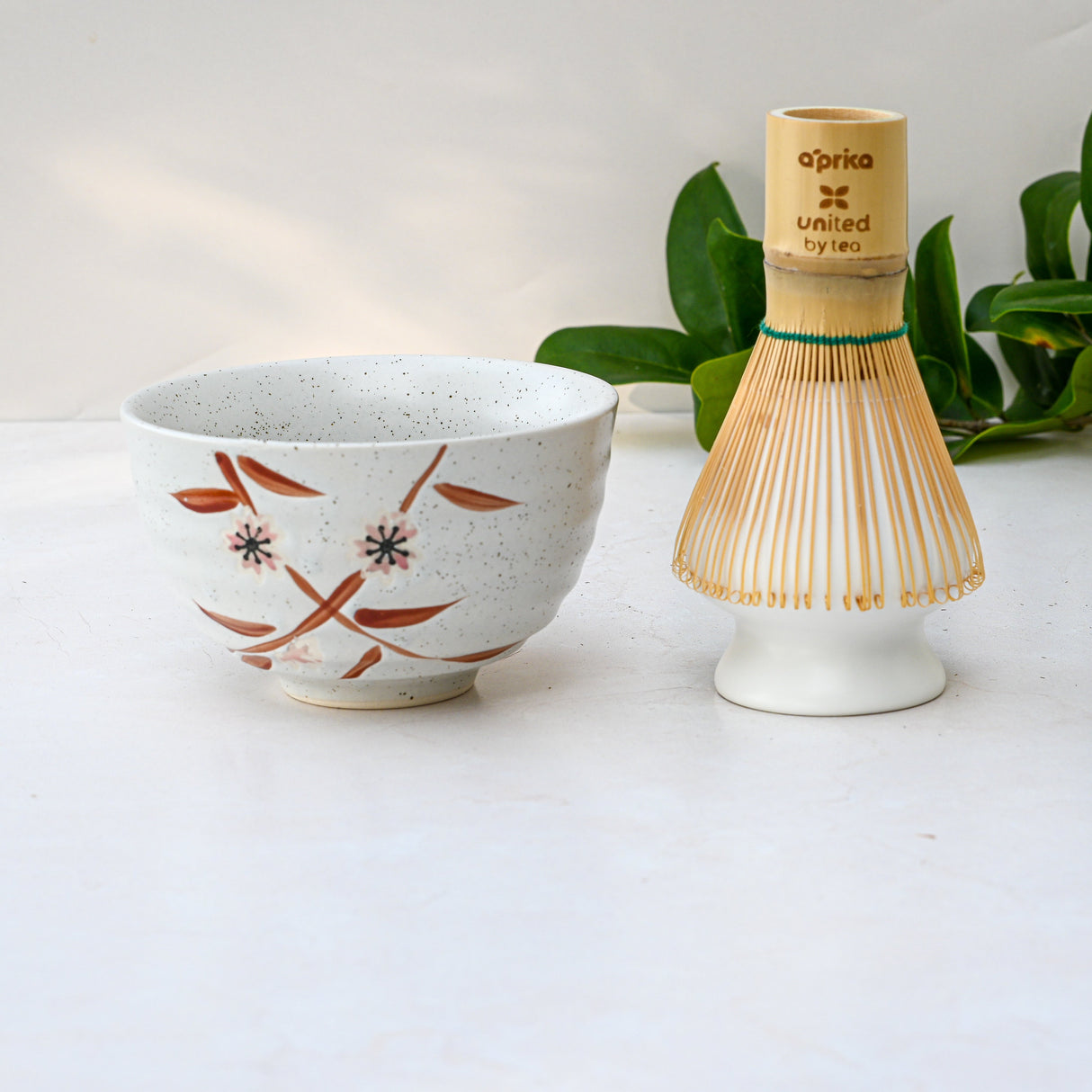 A Bamboo Matcha Bowl sits beside a Bamboo Matcha Whisk and Whisk Holder Set on a light surface, framed by green leaves in the background.