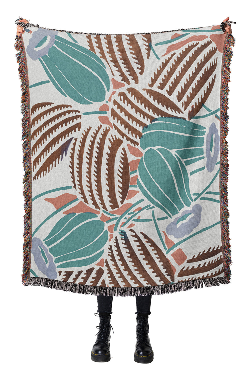 Botanical cotton woven throw blanket with a modern cactus design and intricate detailing.