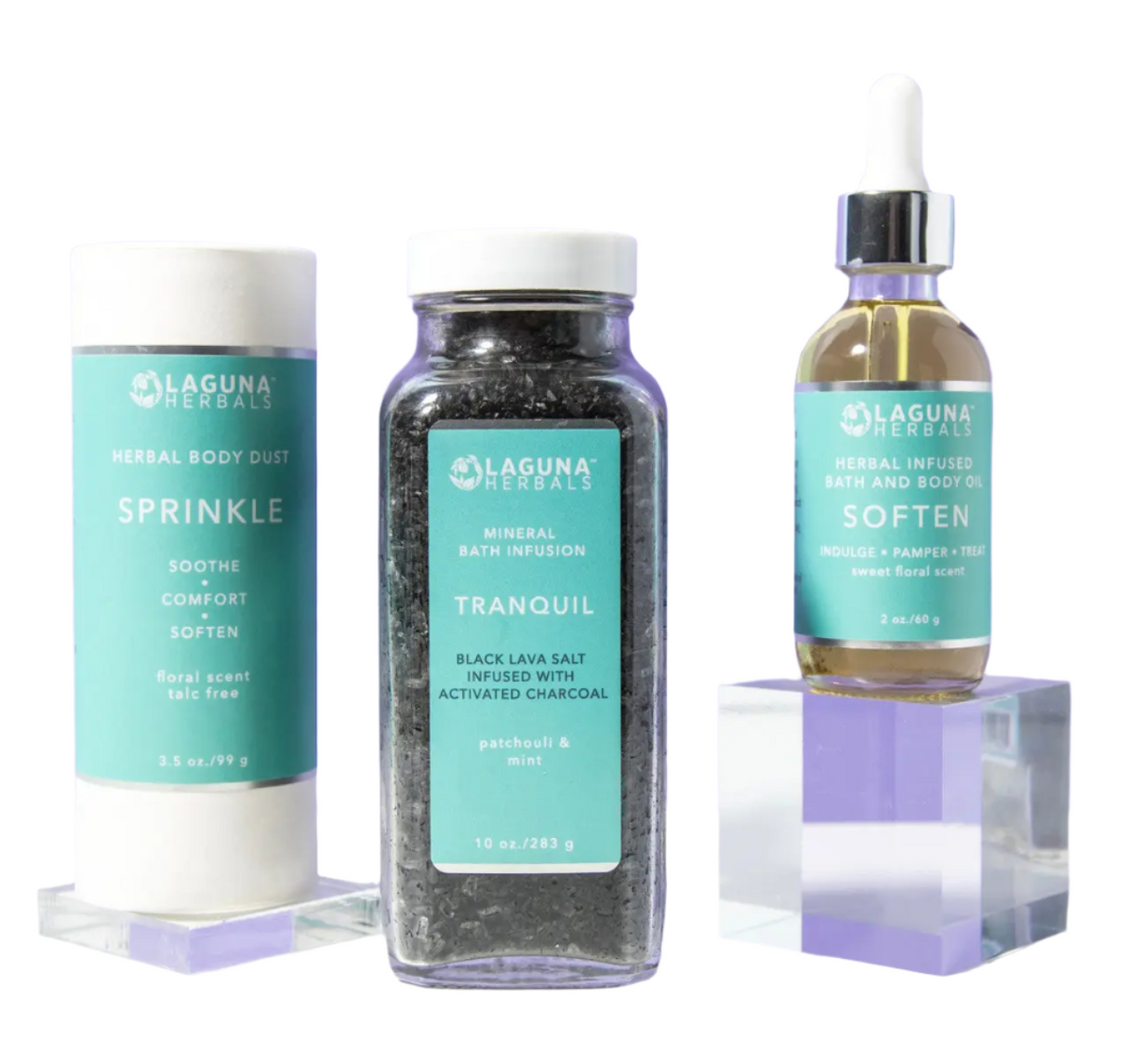 Laguna Naturals bath and body products including a bottle, jar, and container on a white background.