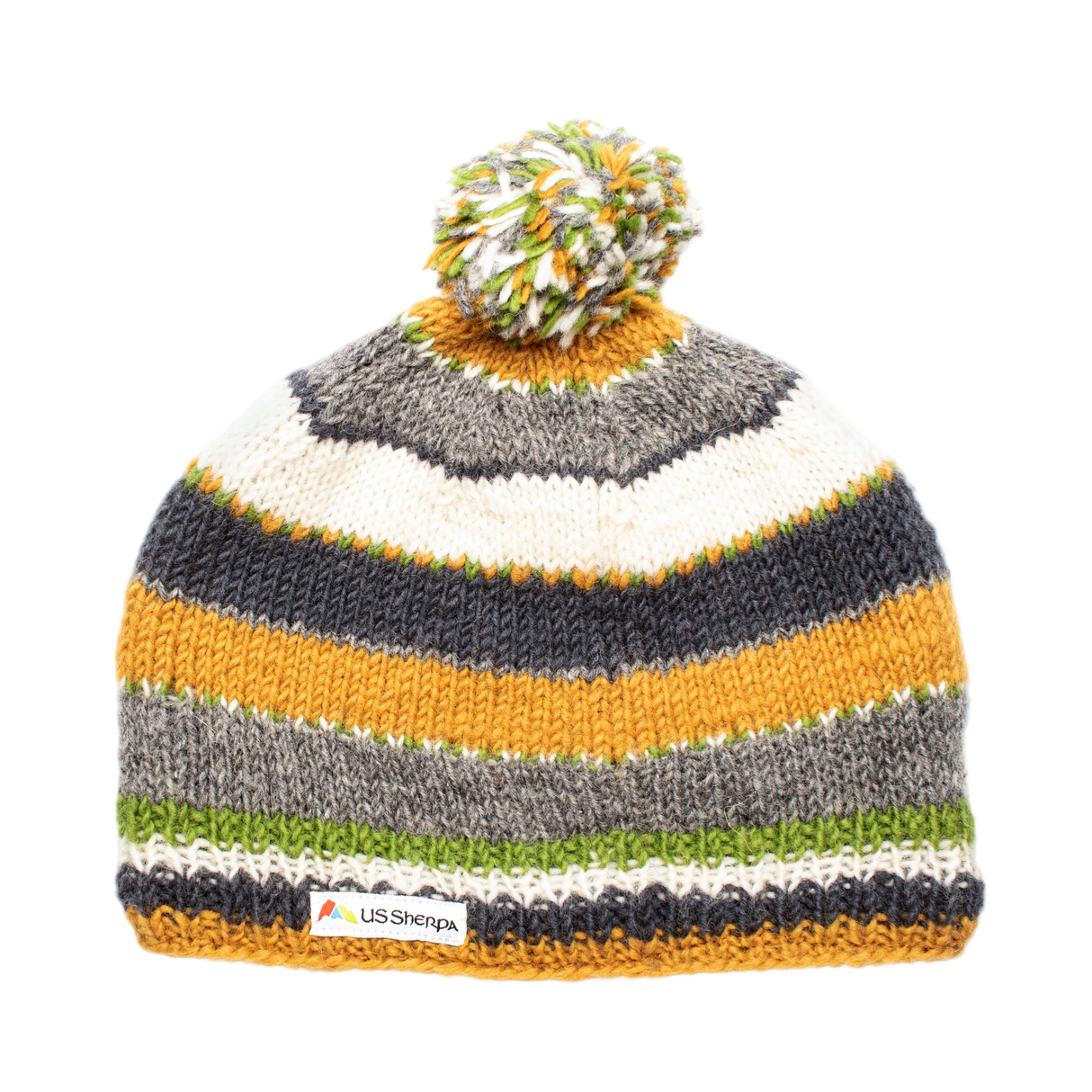 Colorful striped beanie with pom-pom on a white background