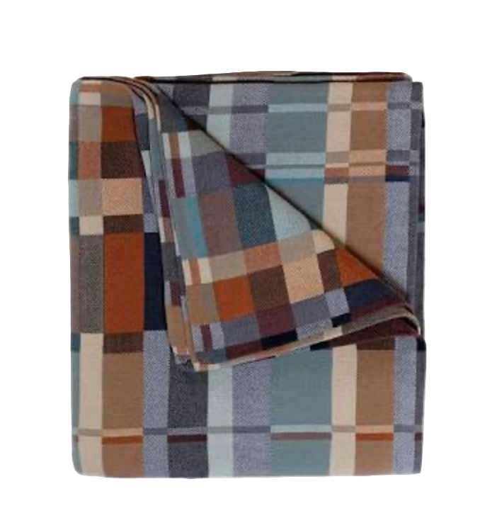 Folded plaid blanket with multicolor pattern on a white background
