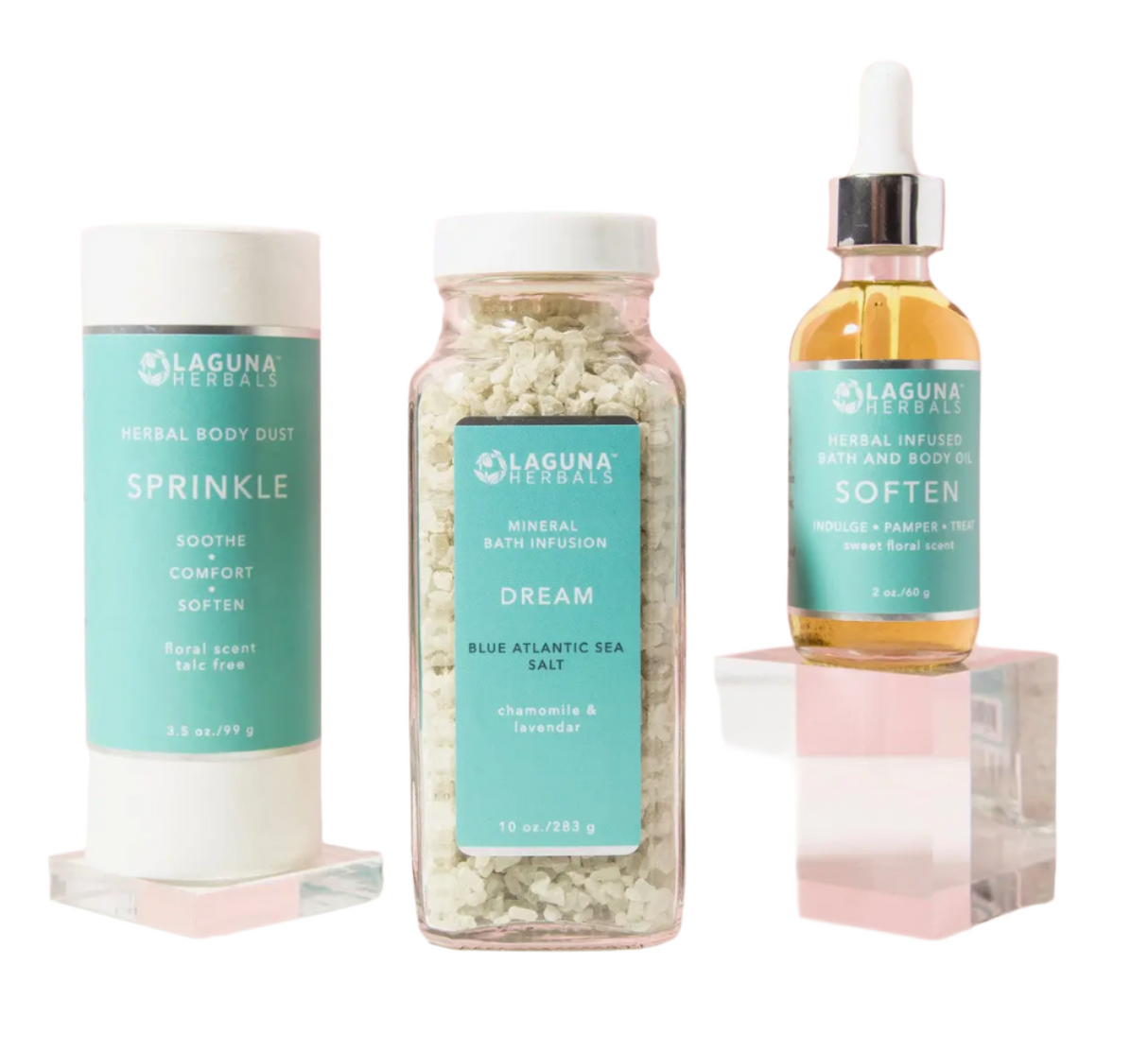 Three Laguna Herbals products on a white background