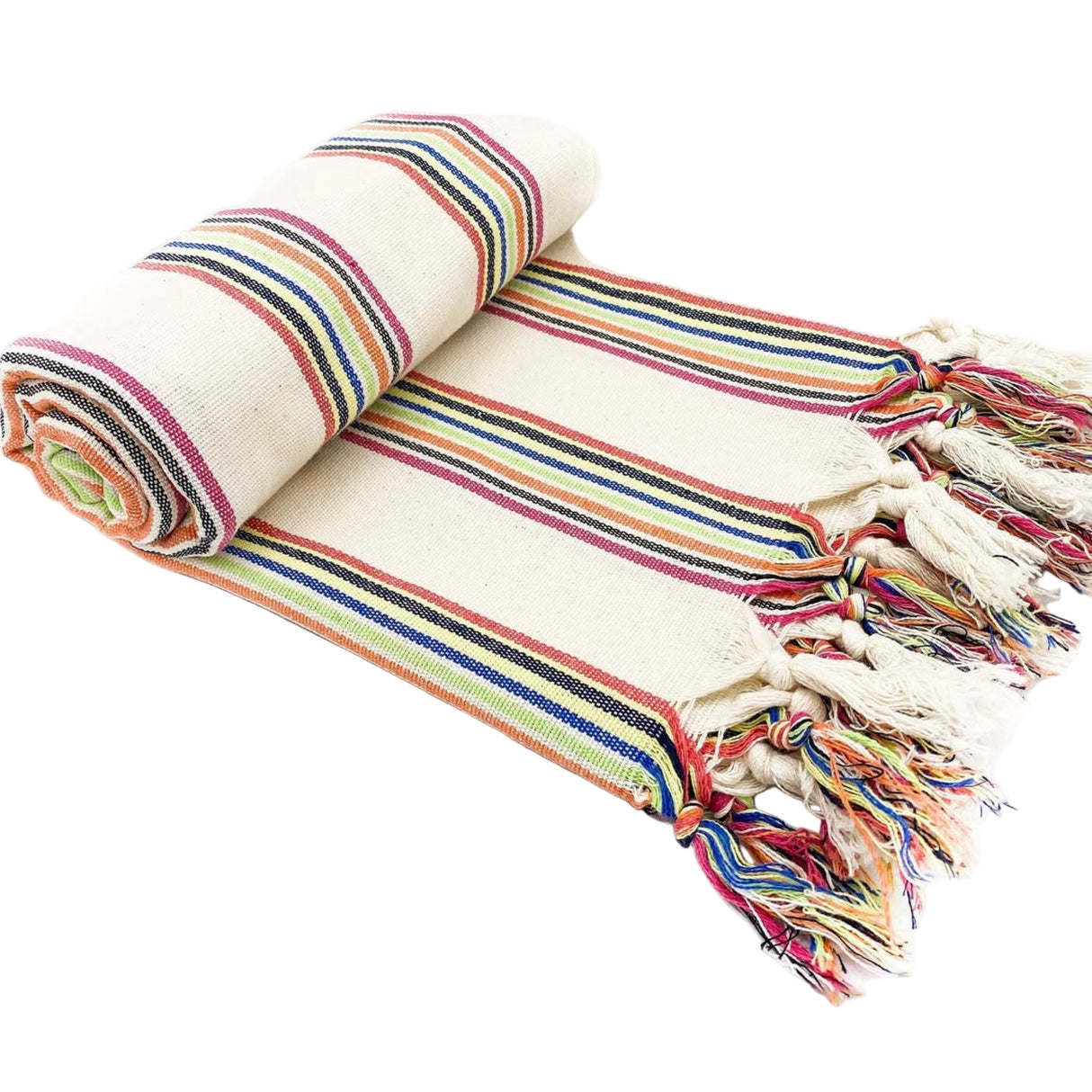 Rolled-up striped towel with colorful stripes on a white background