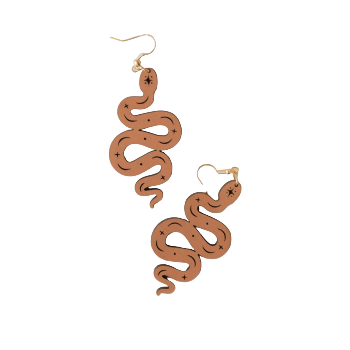 Snake-shaped earrings on a textured white surface with a feather