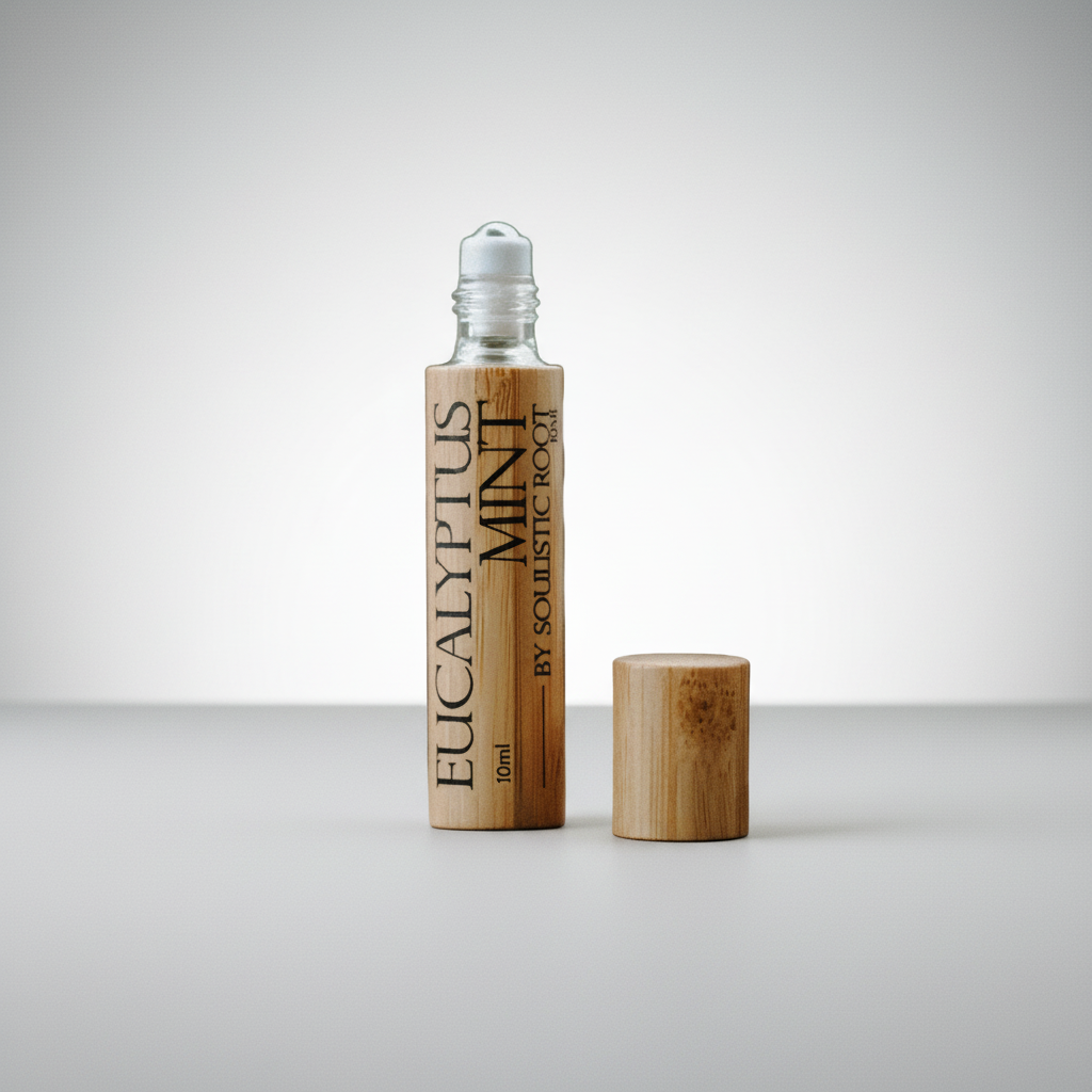 Roll-on bottle with wooden cap and label on a white background